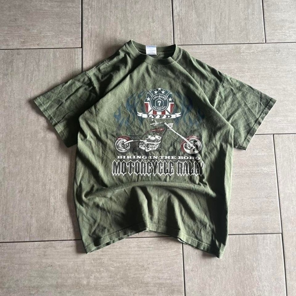 Gildan LVFD Motorcycle Rally Graphic Tee Olive Green Biker Shirt 19.5x25.5